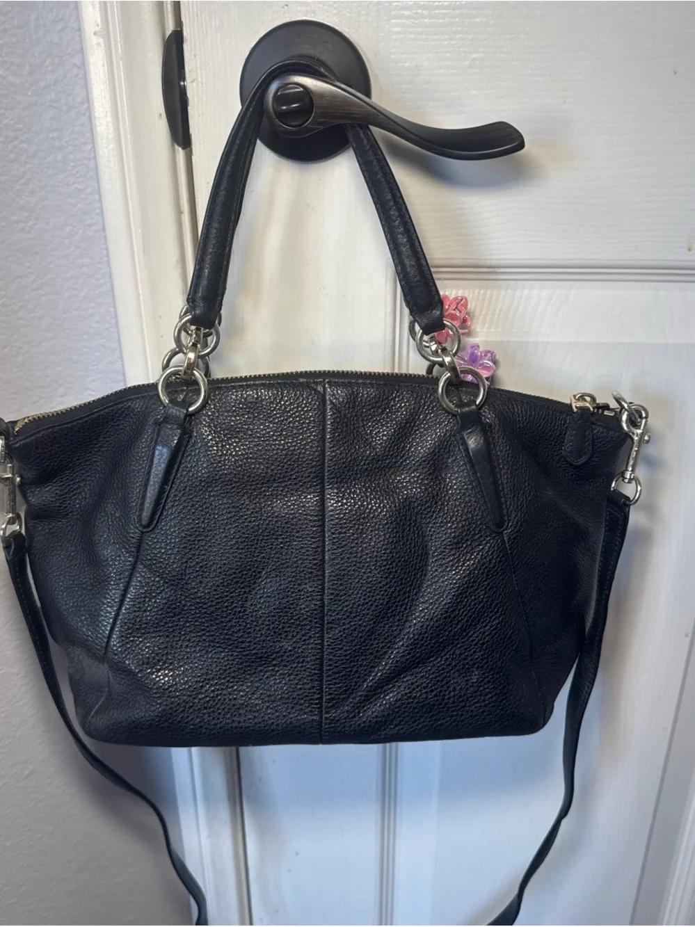Coach Black Pebbled Leather Shoulder Tote with Plush Charm and Flower Clips